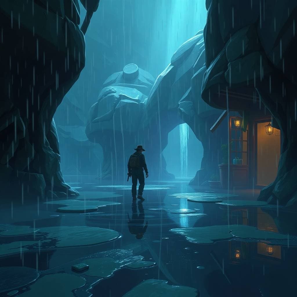 Background with water on the ground and rocks surrounding it