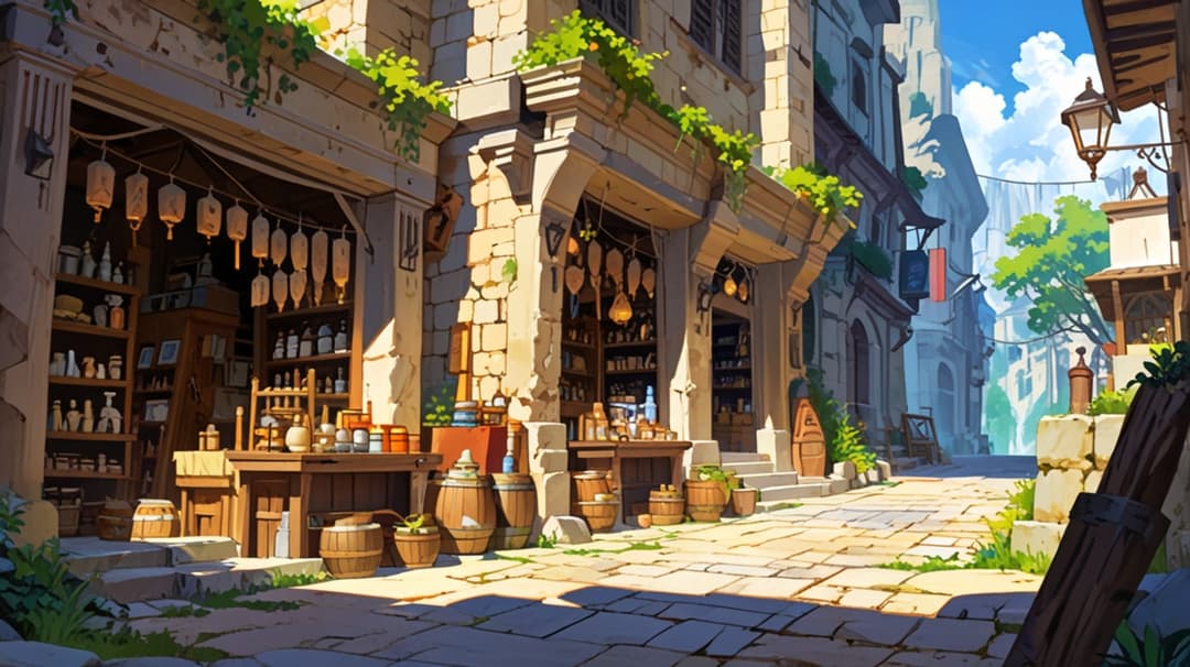 a general shop full of items set in a fantastic medieval scenary